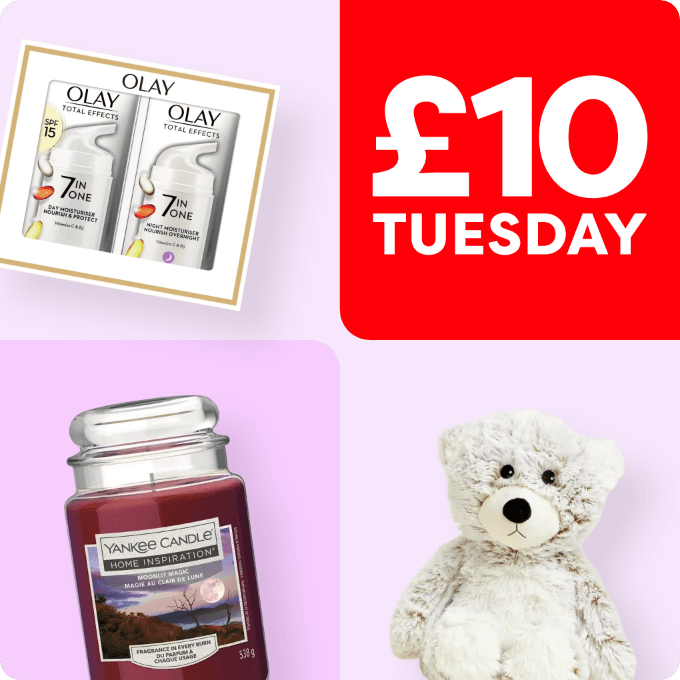 Various products including Olay creams, a Yankee Candle, and a teddy bear with a £10 Tuesday promotion label.