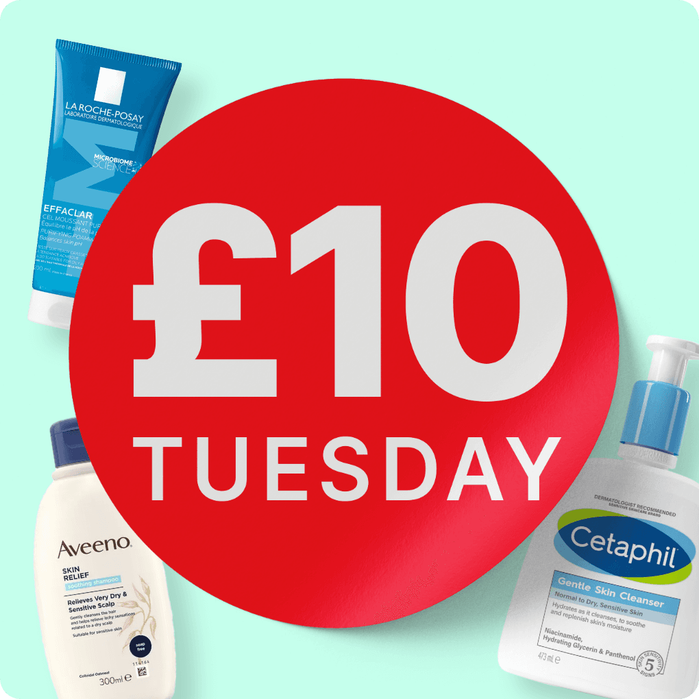 Red circle with "£10 Tuesday" surrounded by La Roche-Posay, Aveeno, and Cetaphil skincare products on a light blue background.
