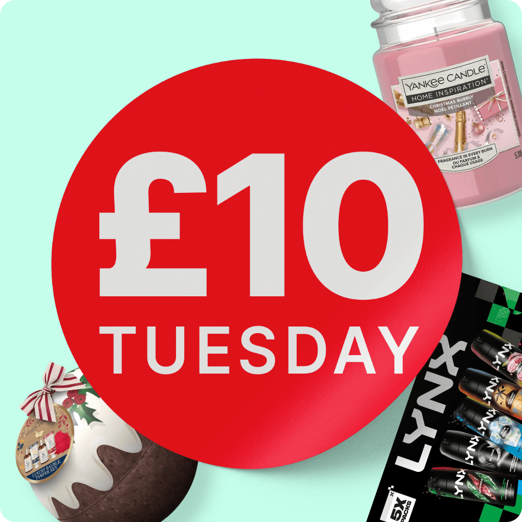 Red circle states “£10 Tuesday” over images of a Yankee candle, a Christmas pudding chocolate, and Lynx deodorant set on a light background.