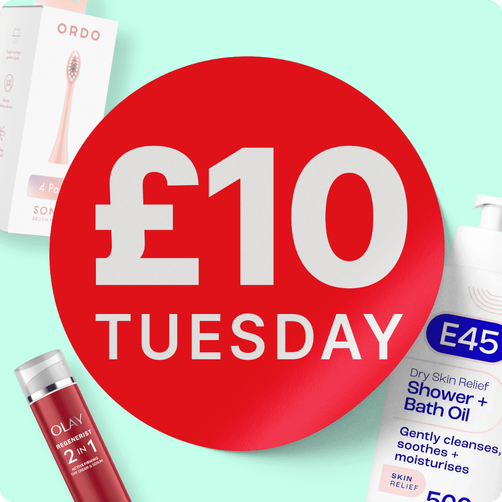Red circle with "£10 Tuesday" text; nearby are a toothbrush, a skincare cream, and a shower oil bottle on a light turquoise background.