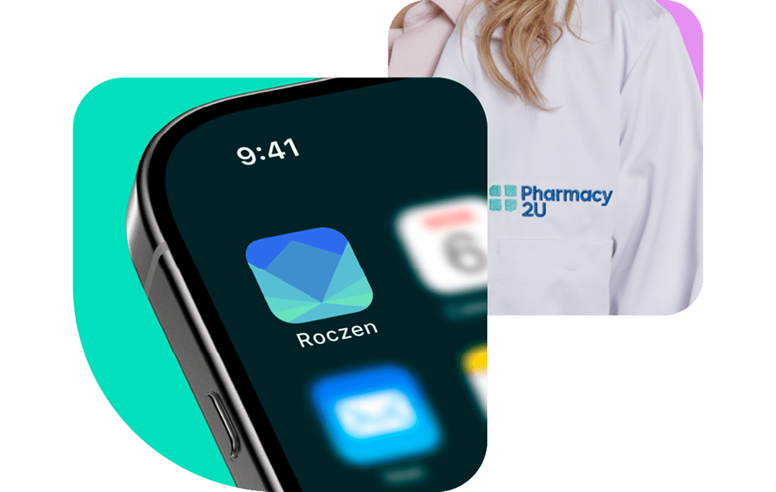 Smartphone displaying app icons, including "Roczen," with a partial view of a person in a white coat featuring a "Pharmacy 2U" logo.