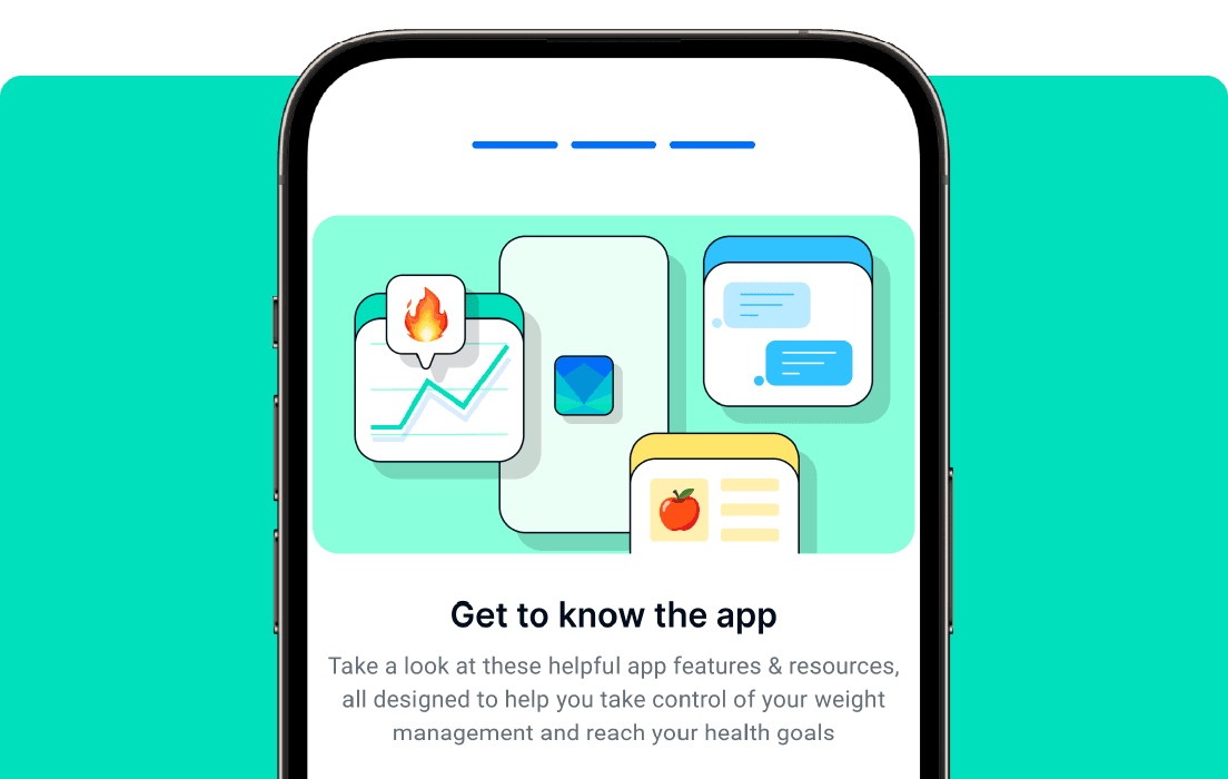Smartphone screen showing an app introduction with icons of graphs, messages, and a heart, promoting health and weight management features.