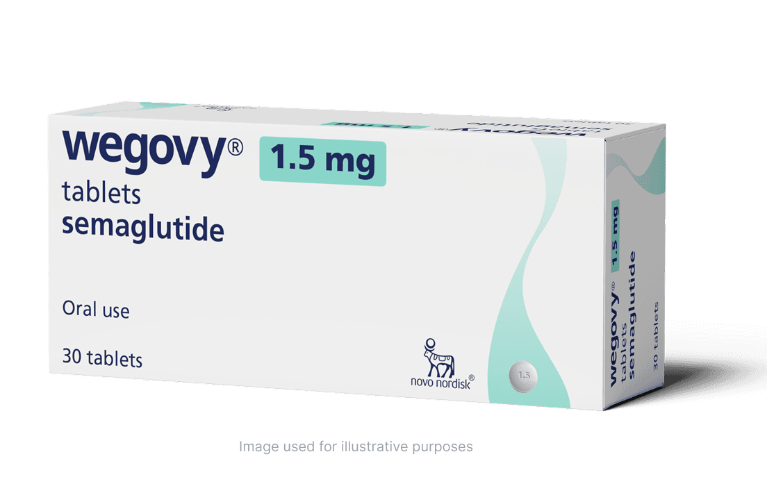 Box of Wegovy 1.5 mg semaglutide tablets for oral use, 30 tablets, by Novo Nordisk.
