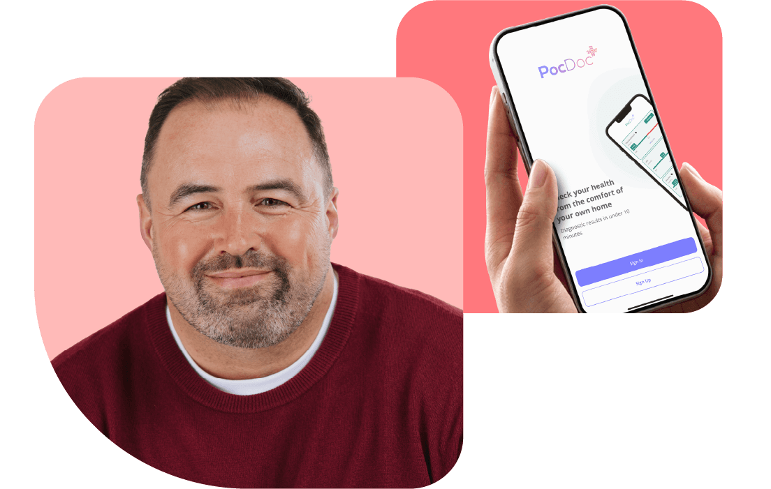 Portrait of a smiling man in a red sweater and a hand holding a phone displaying the PocDoc health app on a pink background