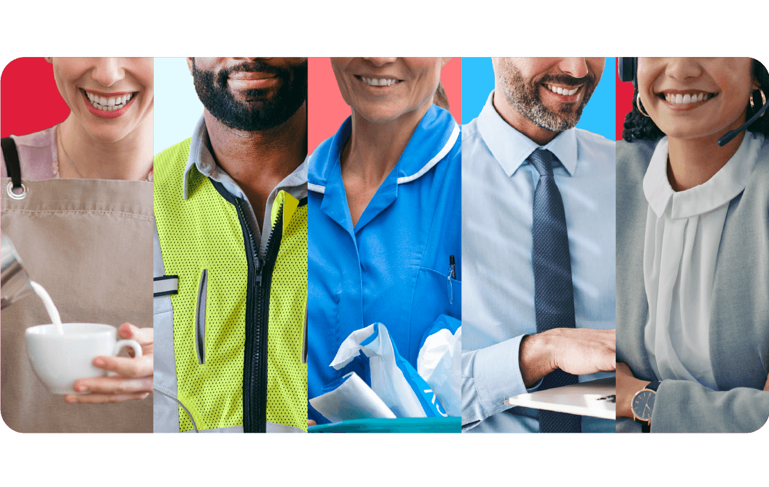 Collage of professionals: barista, construction worker, nurse, office worker, and customer service representative, each smiling in their attire.