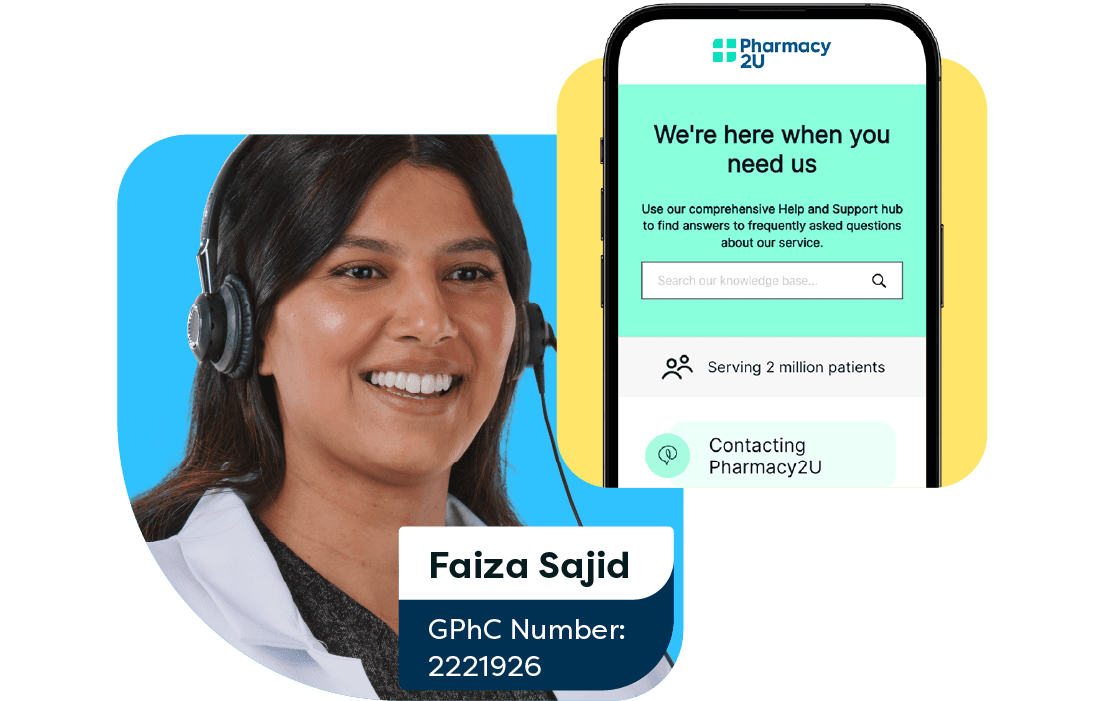 Pharmacy professional wearing a headset, smiling, with a phone screen showing Pharmacy2U app interface. Name and ID displayed: "Faiza Sajid, GPhC Number: 2221926".