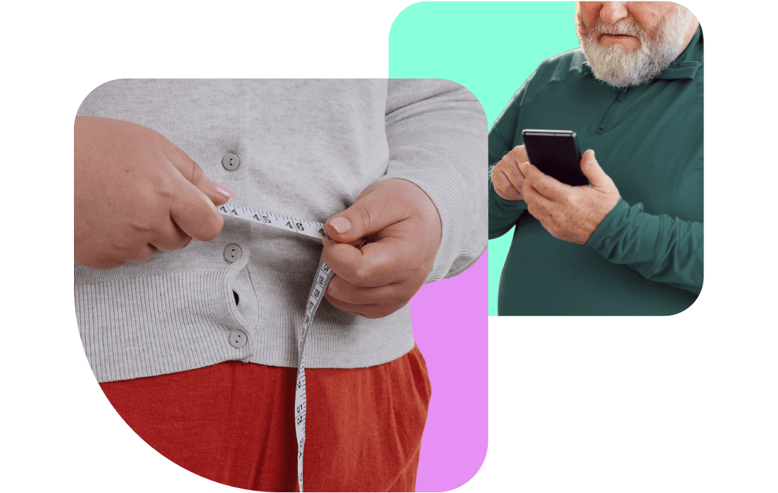 Person measuring waist with tape. Another person uses a smartphone. Background is a mix of solid purple and turquoise.