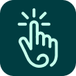 Icon of a hand with one finger pressing a button, symbolising clicking, on a dark teal square background.