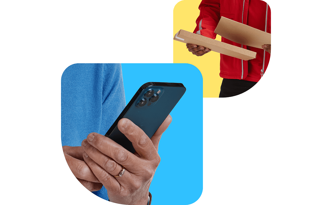 A person in a blue shirt holds a smartphone. Another person in a red jacket holds a package.