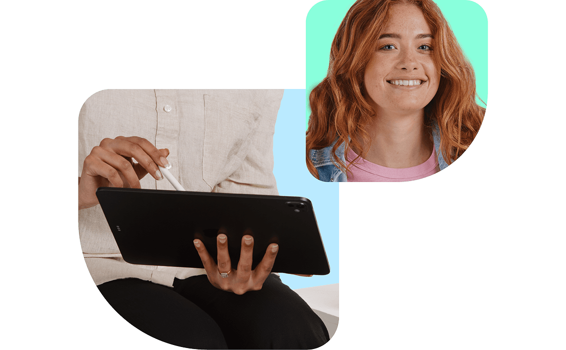 A person holding a tablet with a stylus, and a smiling woman with red hair in a floating circular inset.