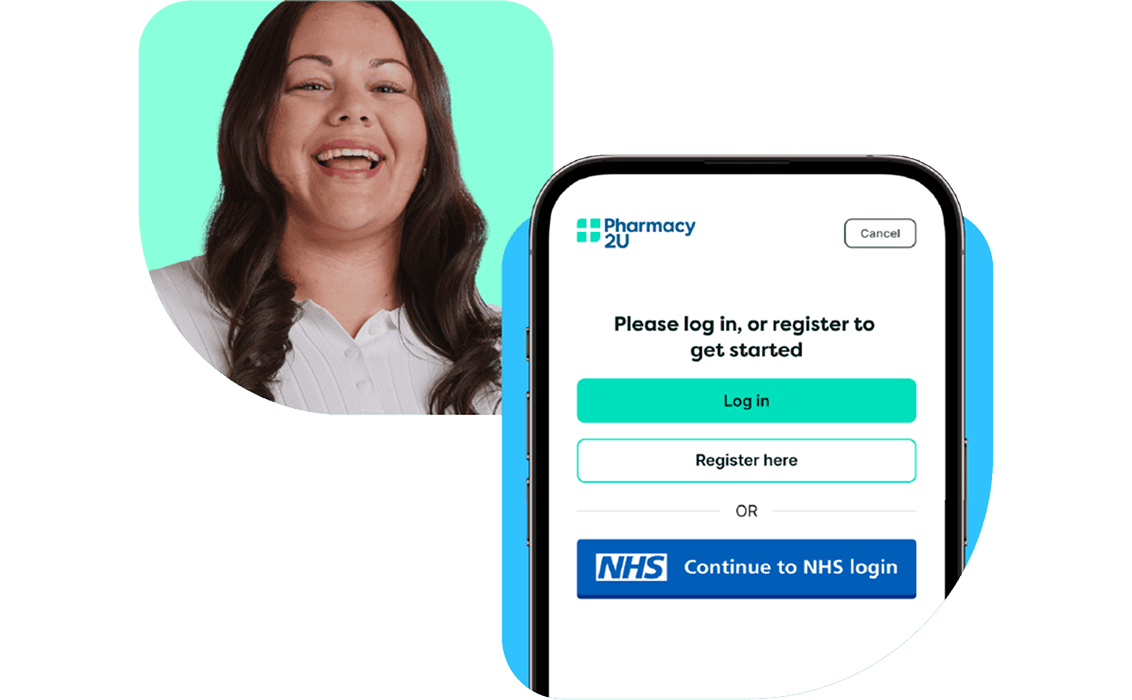 Woman smiling beside a smartphone screen showing a Pharmacy2U login page with options for logging in, registering, or continuing to NHS login.