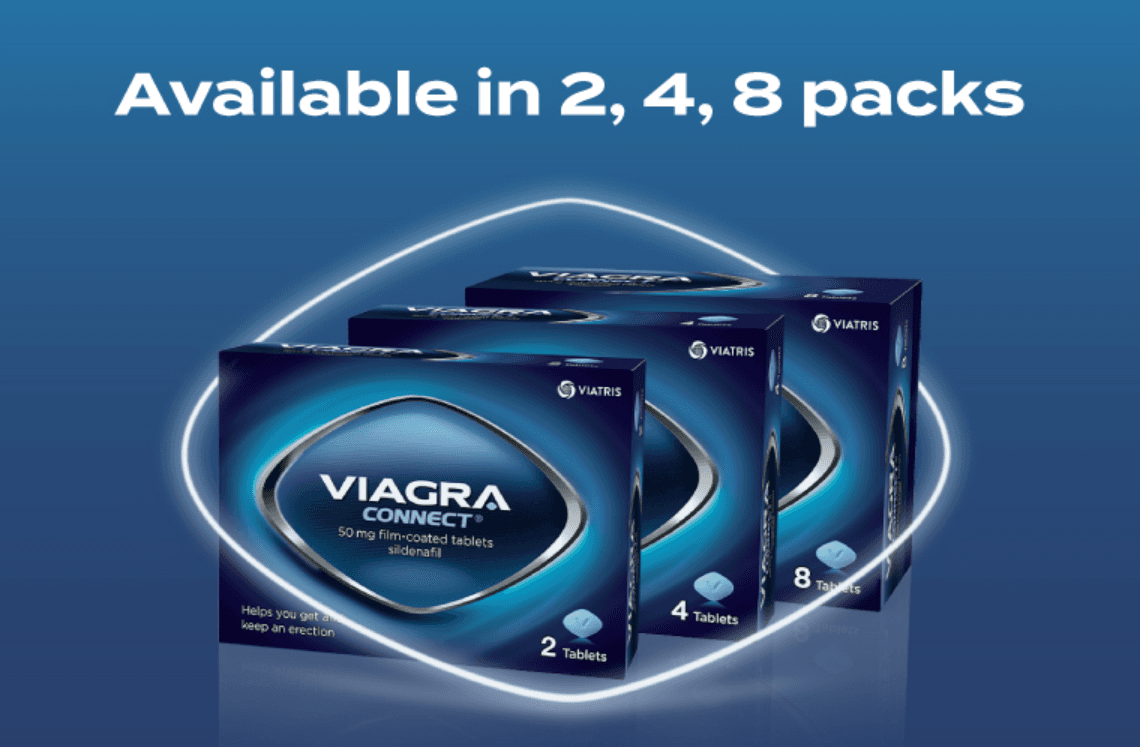 Packaging for Viagra Connect tablets, available in 2, 4, and 8 packs, with a blue gradient background and glowing outline.
