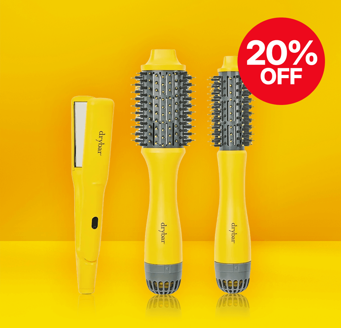 Yellow hair styling tools with 20% off promotional red badge on a bright yellow background.