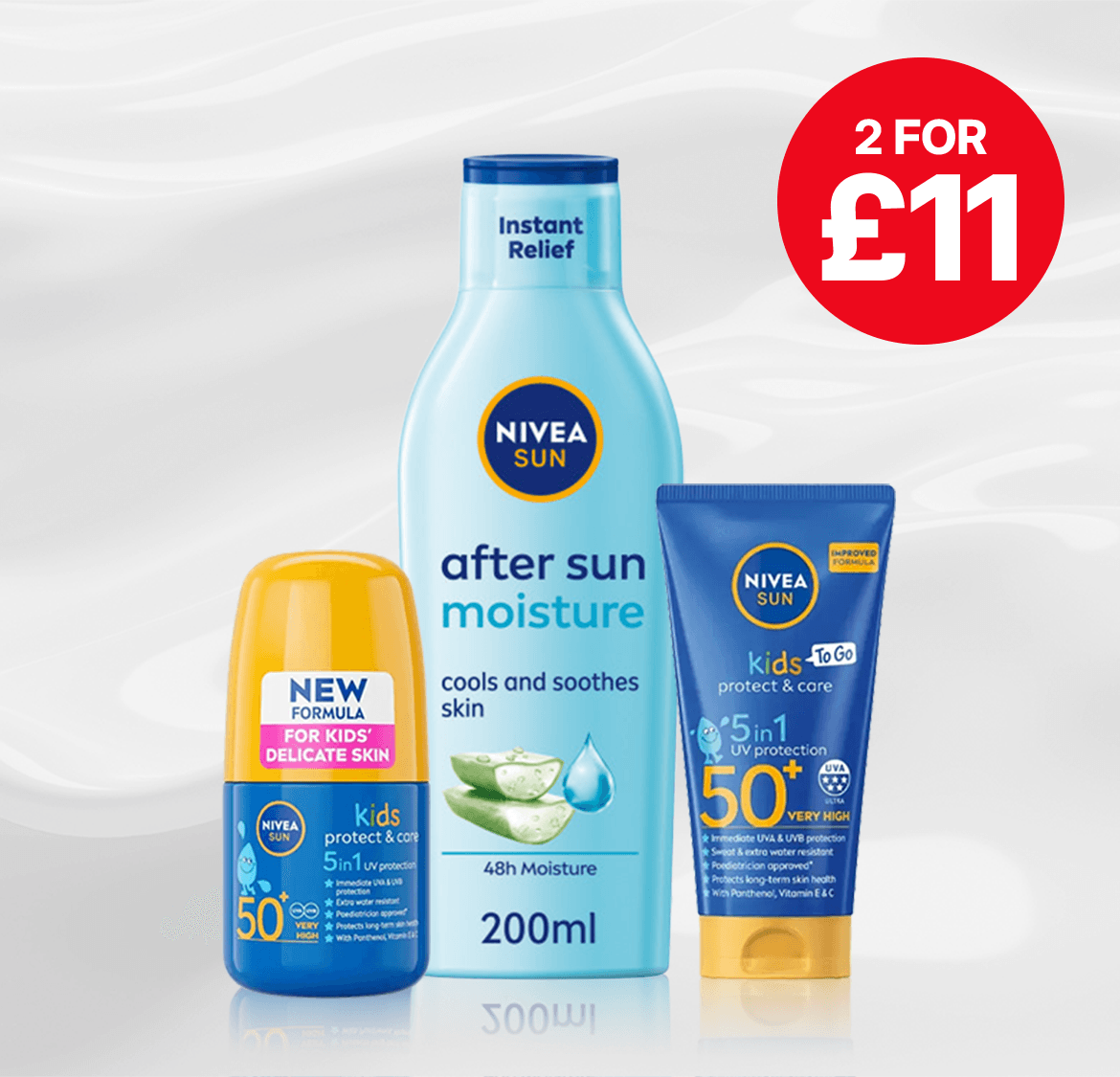 Three NIVEA Sun products: Kids sunscreen roll-on, after sun lotion, and sunscreen tube. Offer: 2 for £11.