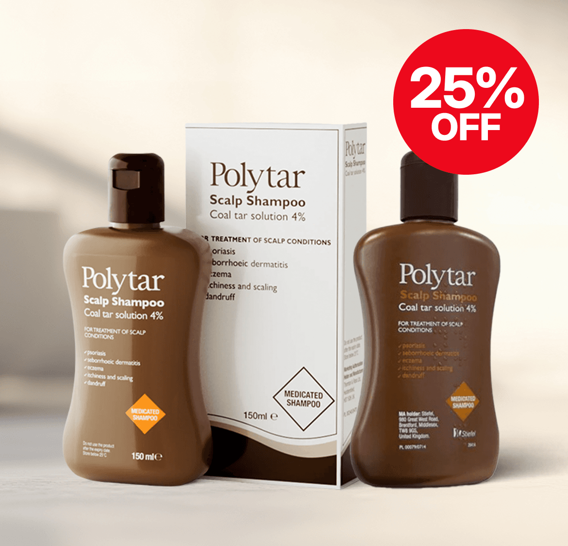 Two bottles of Polytar Scalp Shampoo with coal tar solution 4% and a box. A red "25% OFF" label is on the top right.