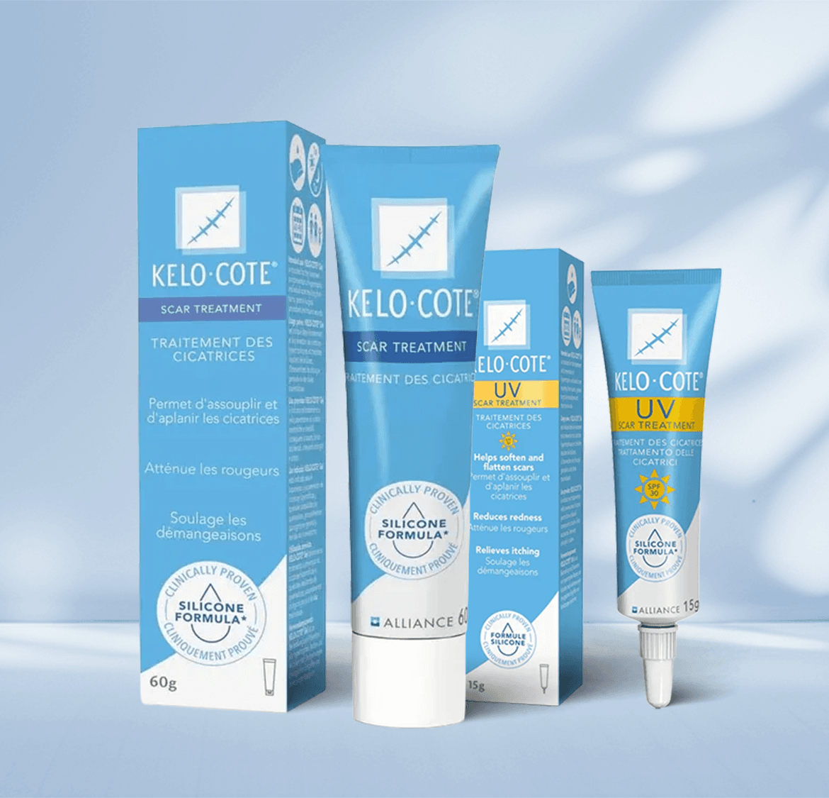 Blue Kelo-Cote scar treatment and UV protection tubes with packaging, featuring clinically proven silicone formula text in English and French.