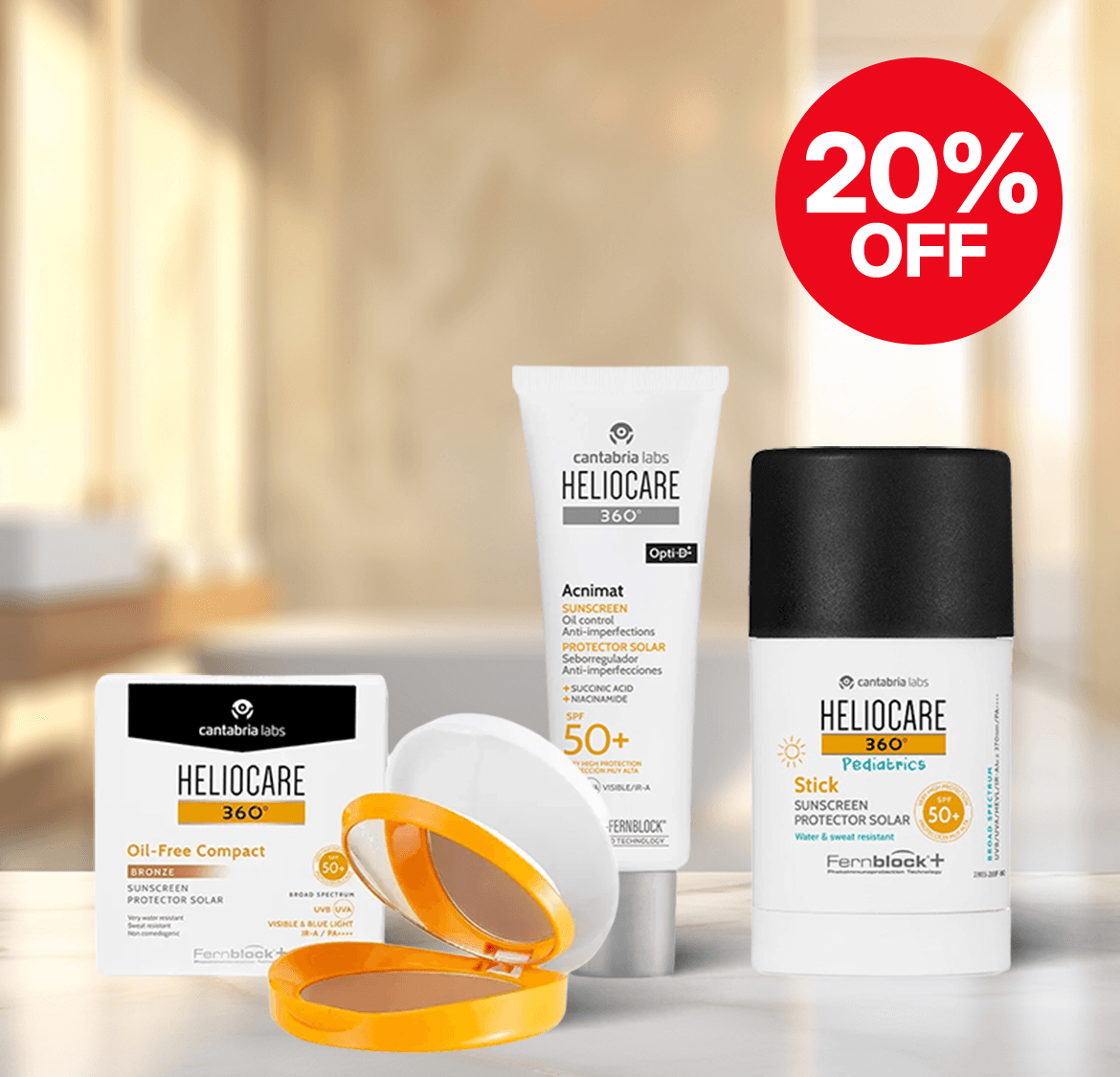 Heliocare sunscreen products, including compact, tube, and stick, with a 20% off label, displayed on a blurred bathroom background.
