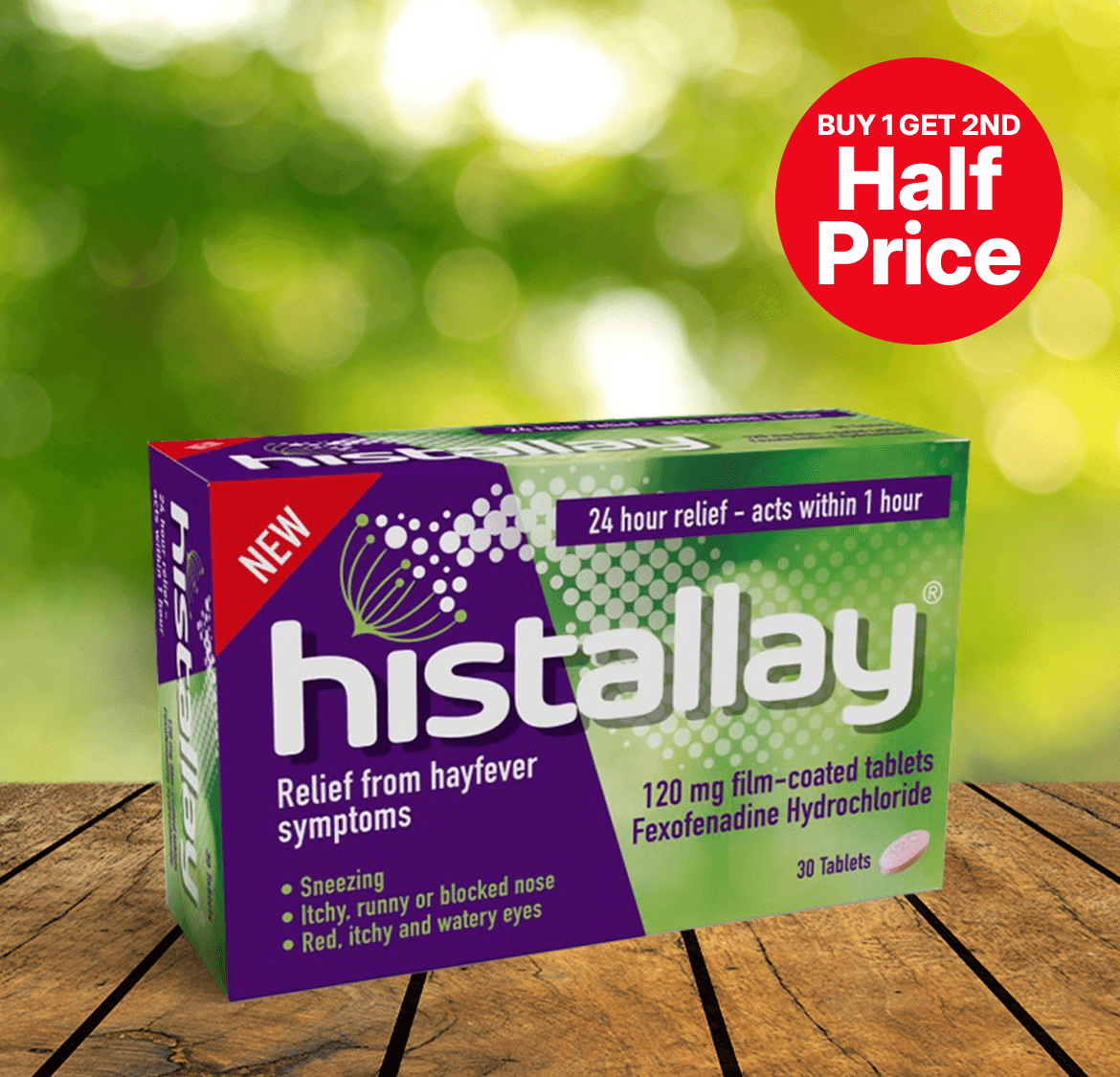 Box of Histallay tablets for hayfever relief on wooden surface, green background. "Buy 1 Get 2nd Half Price" offer displayed.