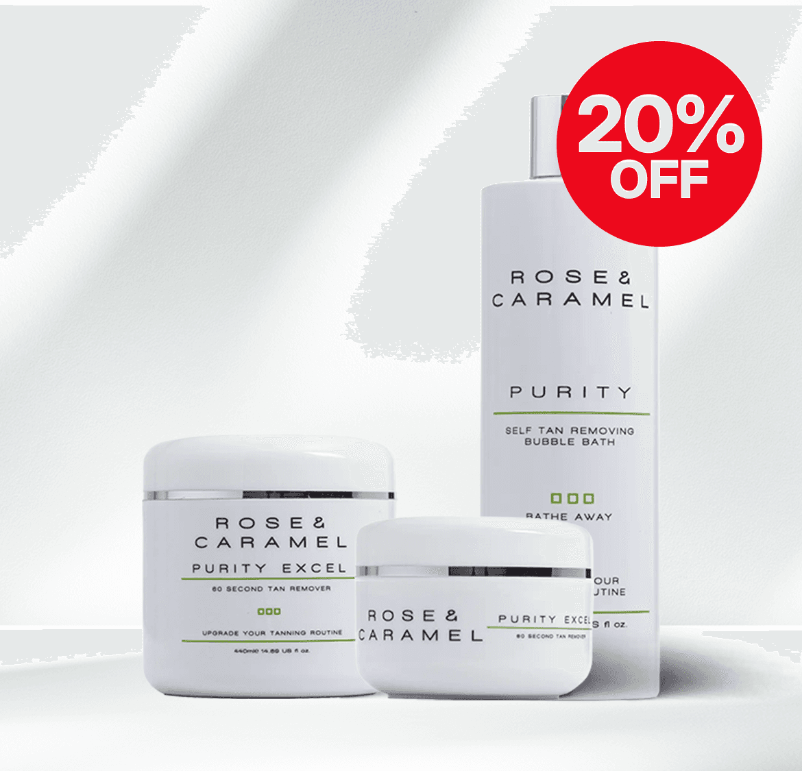 Rose & Caramel self-tan remover products with "20% OFF" label, featuring jars and a bottle on a light background.