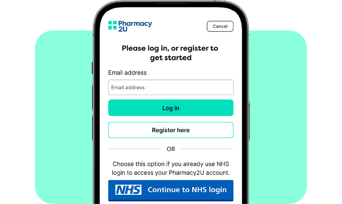 Phone screen displaying Pharmacy2U login page with options for email entry, login, registration, and NHS login button.