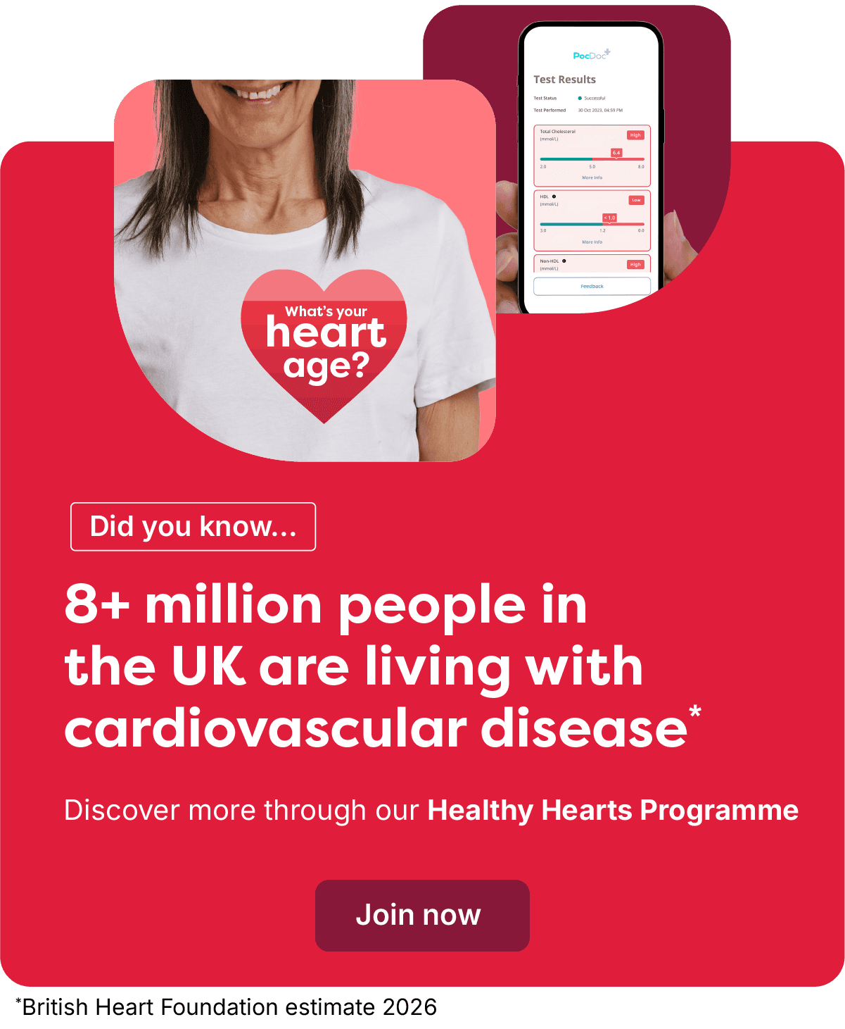 Banner for Healthy Hearts Programme: "8+ million in the UK living with cardiovascular disease." Features heart logo and a phone app interface