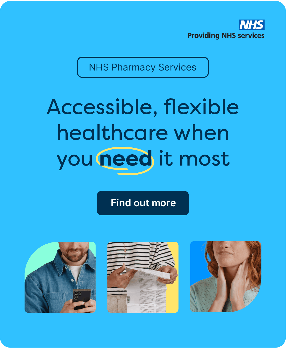Banner for NHS Pharmacy Services promoting accessible healthcare with images of healthcare professionals and a "Find out more" button.