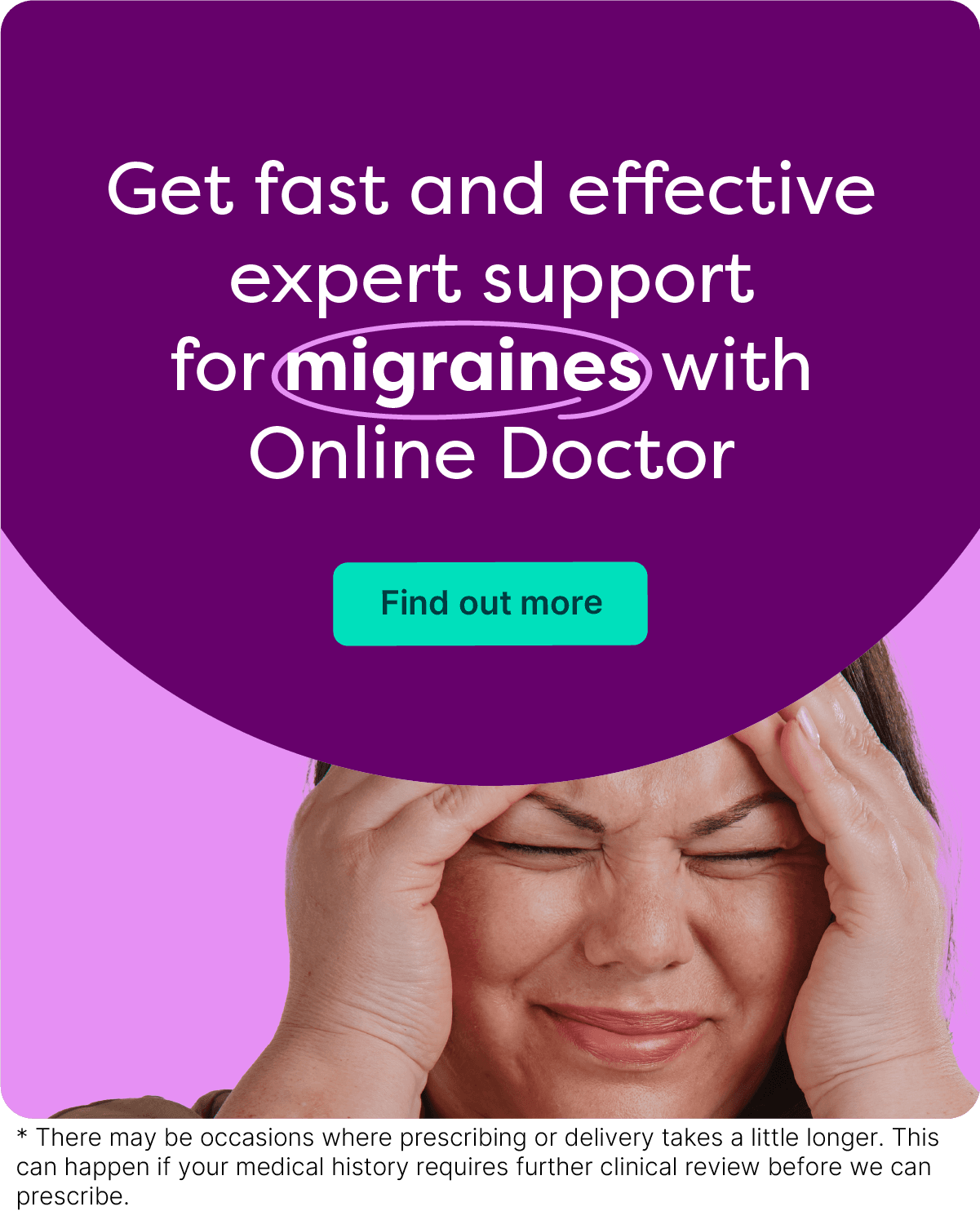 Banner promoting migraine support with Online Doctor. A woman holding her head in pain is shown on the right, text on the left.
