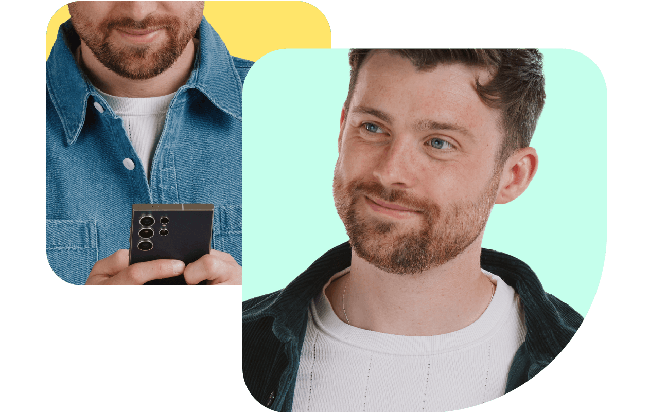 Side-by-side images: one with a man smiling, the other showing him looking at a smartphone. Backgrounds are yellow and mint green.