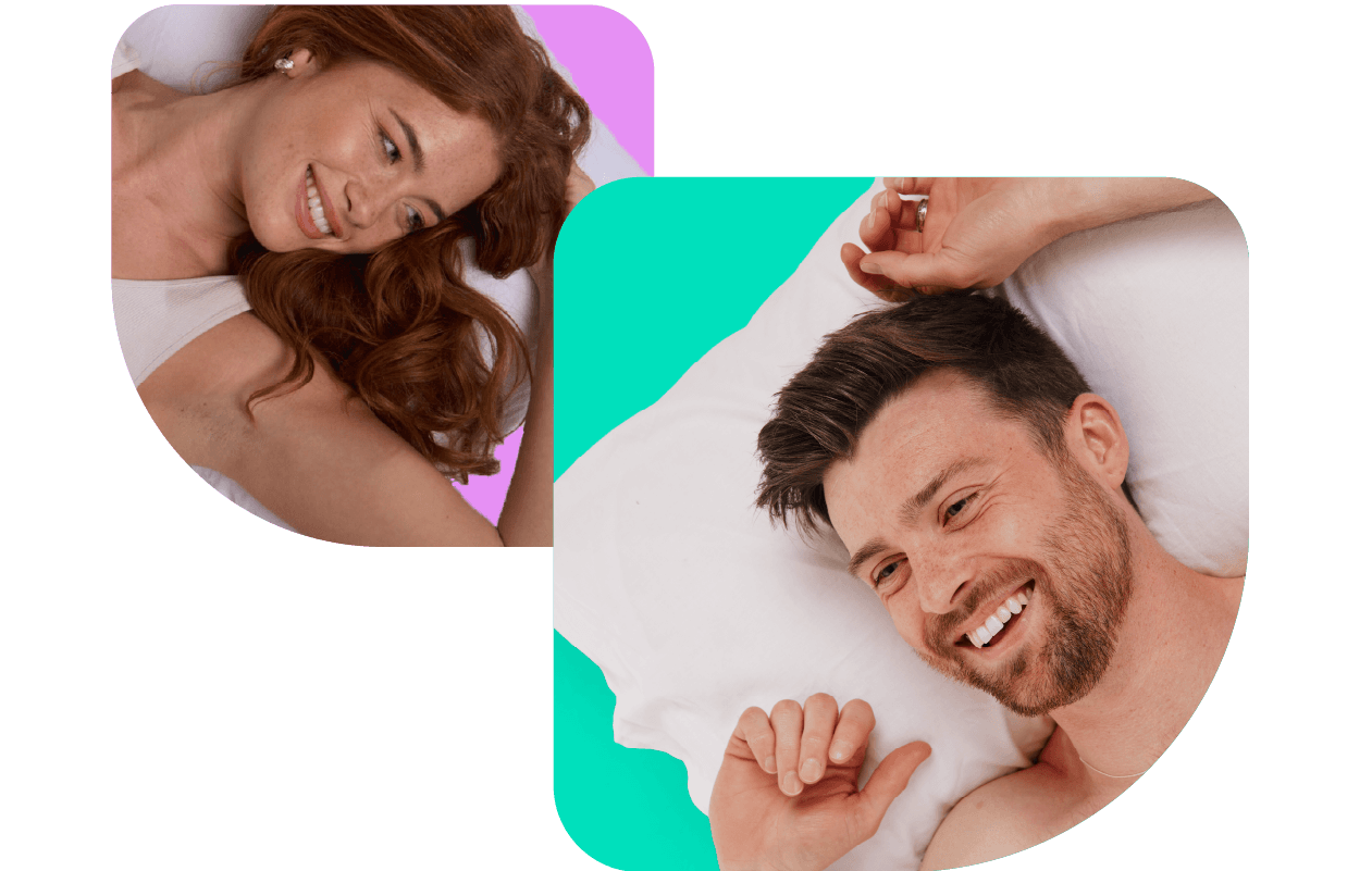 A smiling man and woman lying on pillows in separate frames, set against pastel backgrounds.