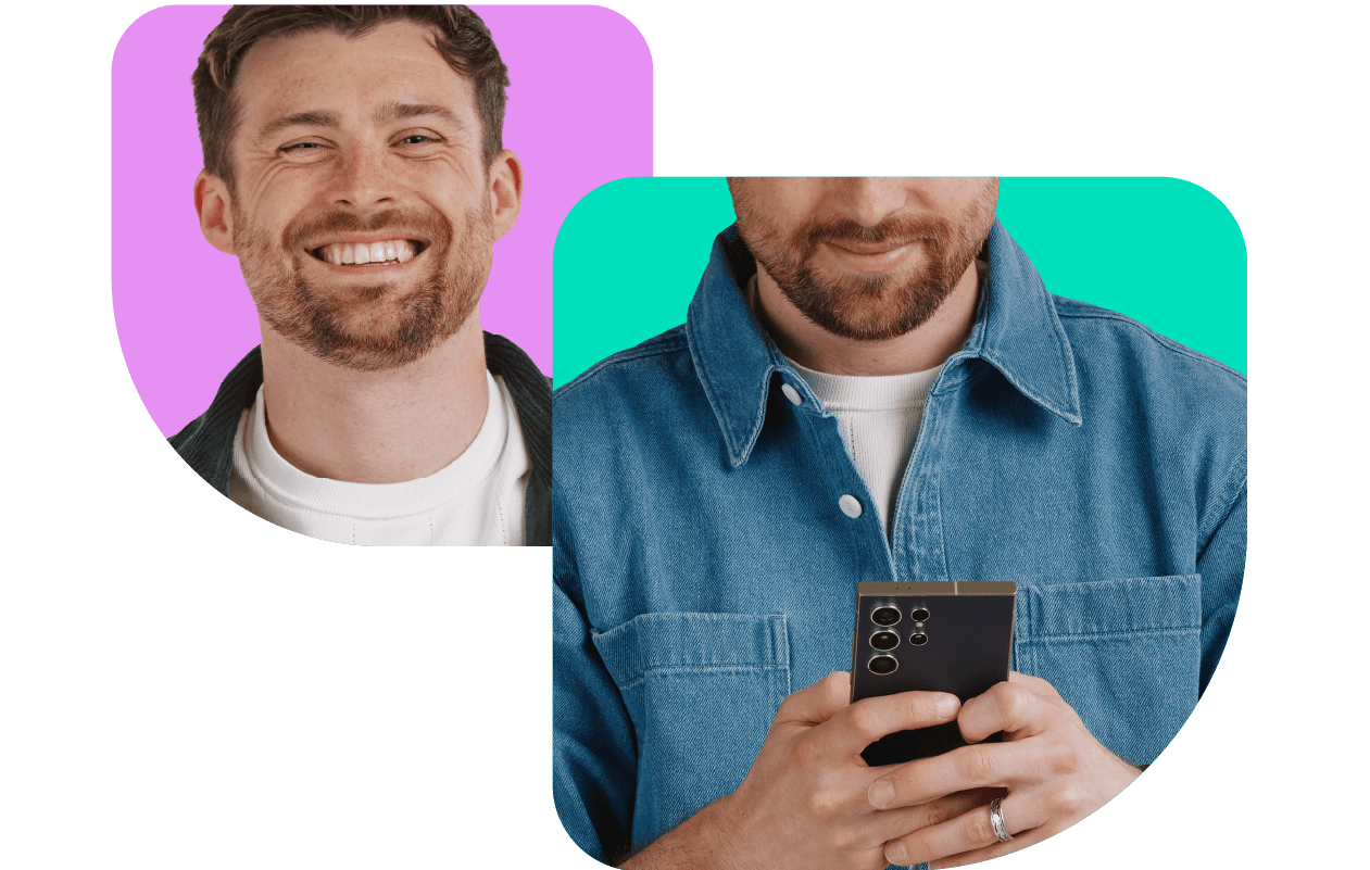 Smiling man in a purple background and another person in a blue shirt using a smartphone against a turquoise background.