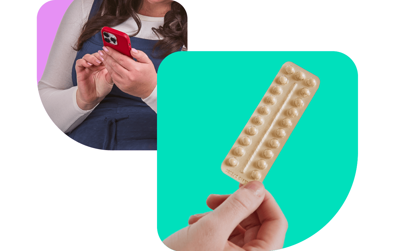A person looking at a red phone, and a hand holding a blister pack of pills against a bright turquoise background.