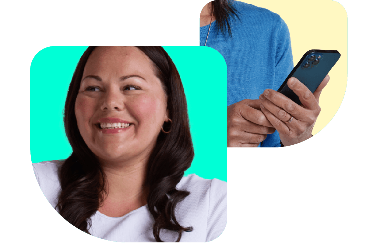 Smiling woman in front of a turquoise background; adjacent image of hands using a smartphone against a yellow background.