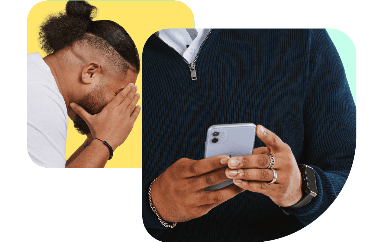 Two images: One of a person with a bun covering their face in frustration, another of a person holding a smartphone with both hands.