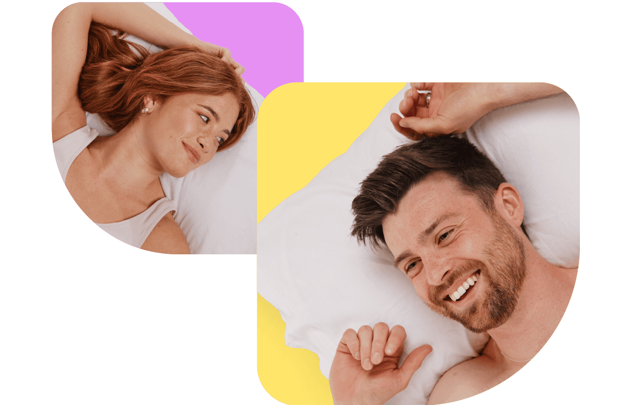 A woman and a man lie on their sides on separate coloured backgrounds, both smiling and looking relaxed on pillows.