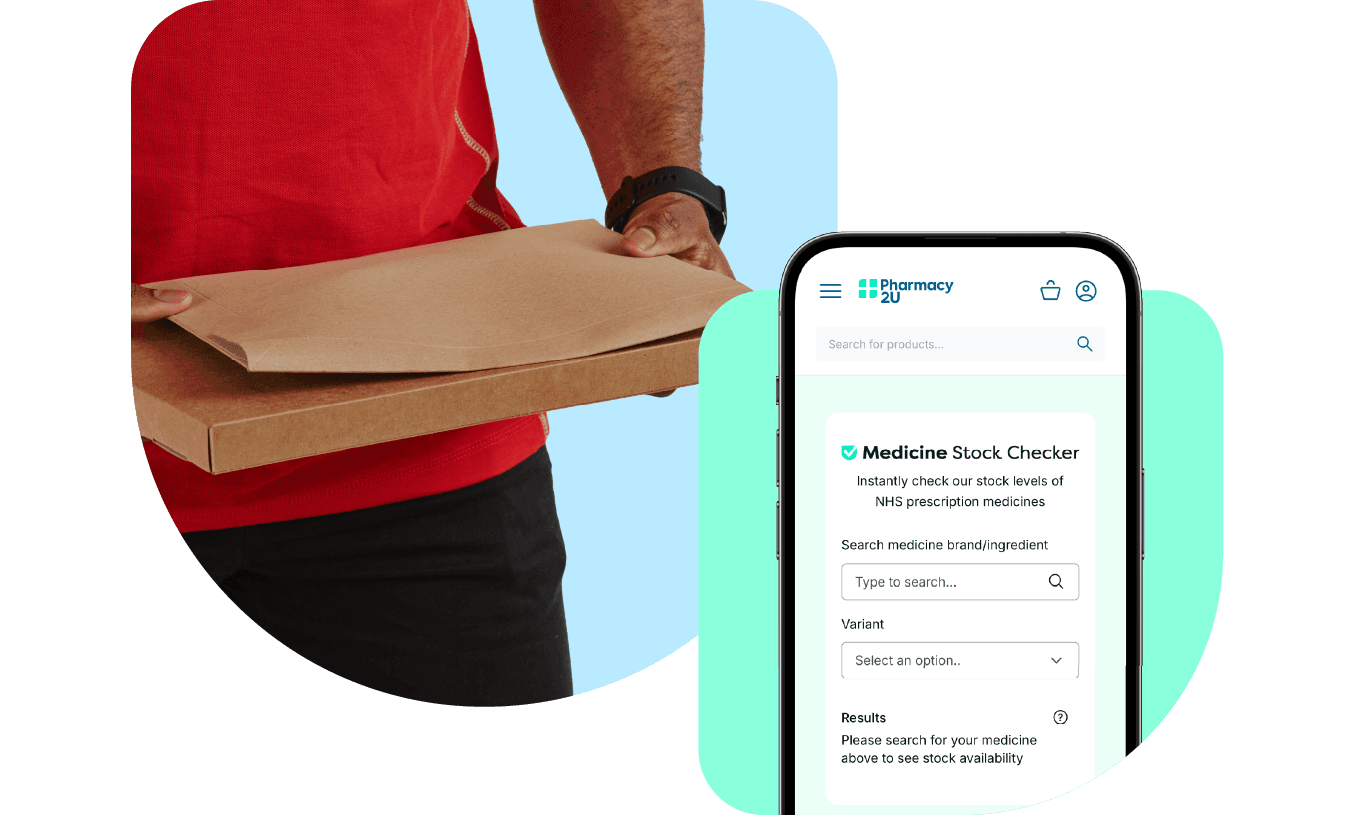 A person in a red shirt holding a package next to a smartphone displaying a medicine stock checker app interface.