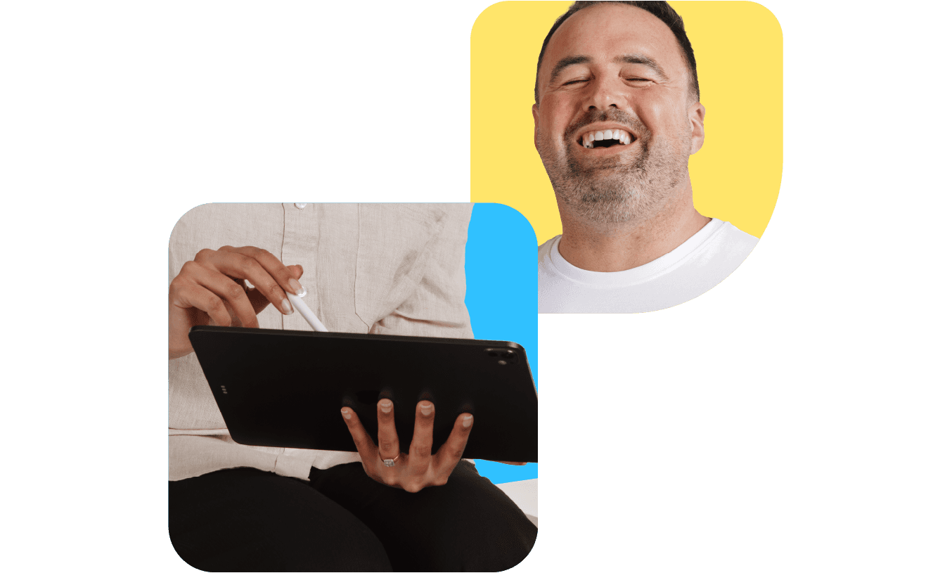 Person using a tablet with a stylus, and another person smiling with eyes closed against a yellow background.