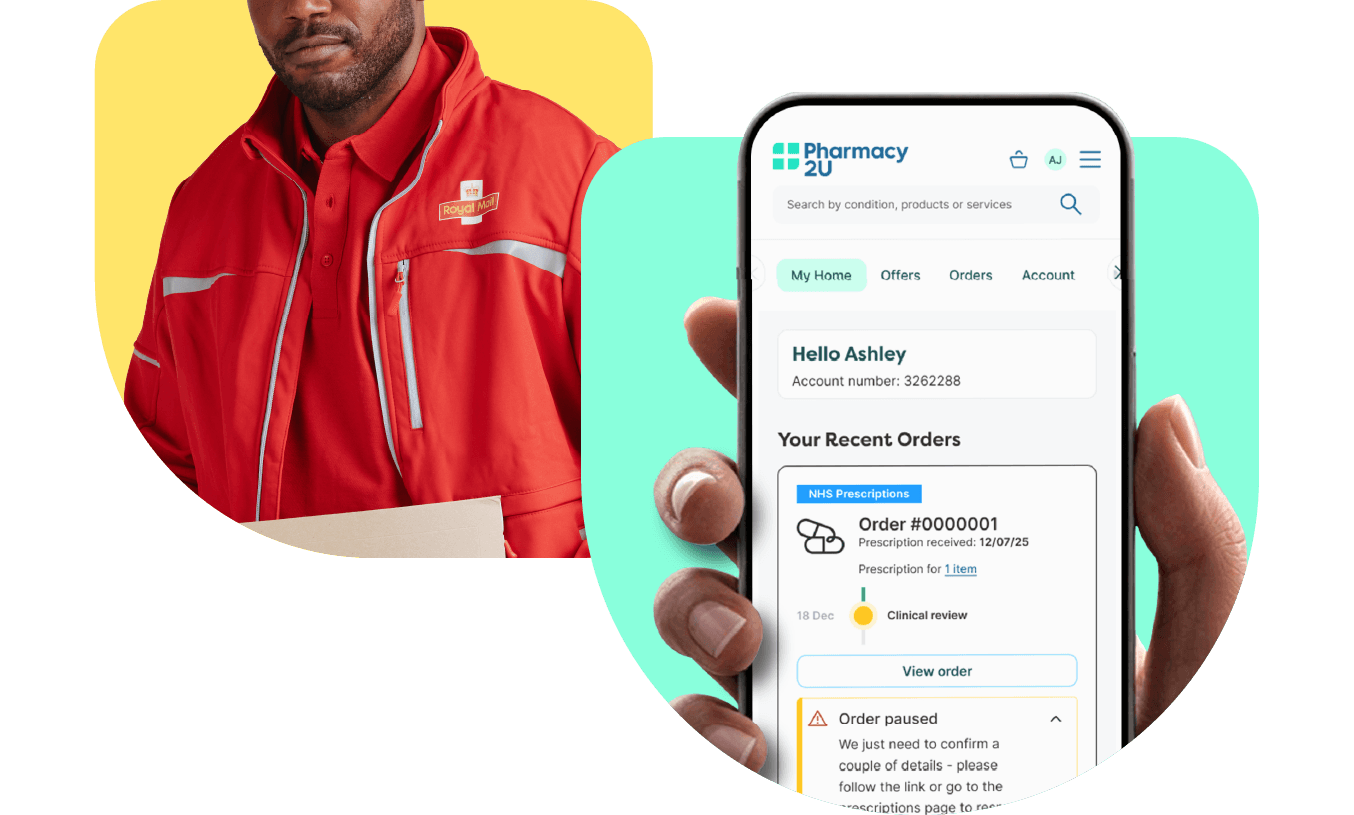 A delivery person in a red jacket holds a package. Next to them is a smartphone screen showing a pharmacy app with recent orders.