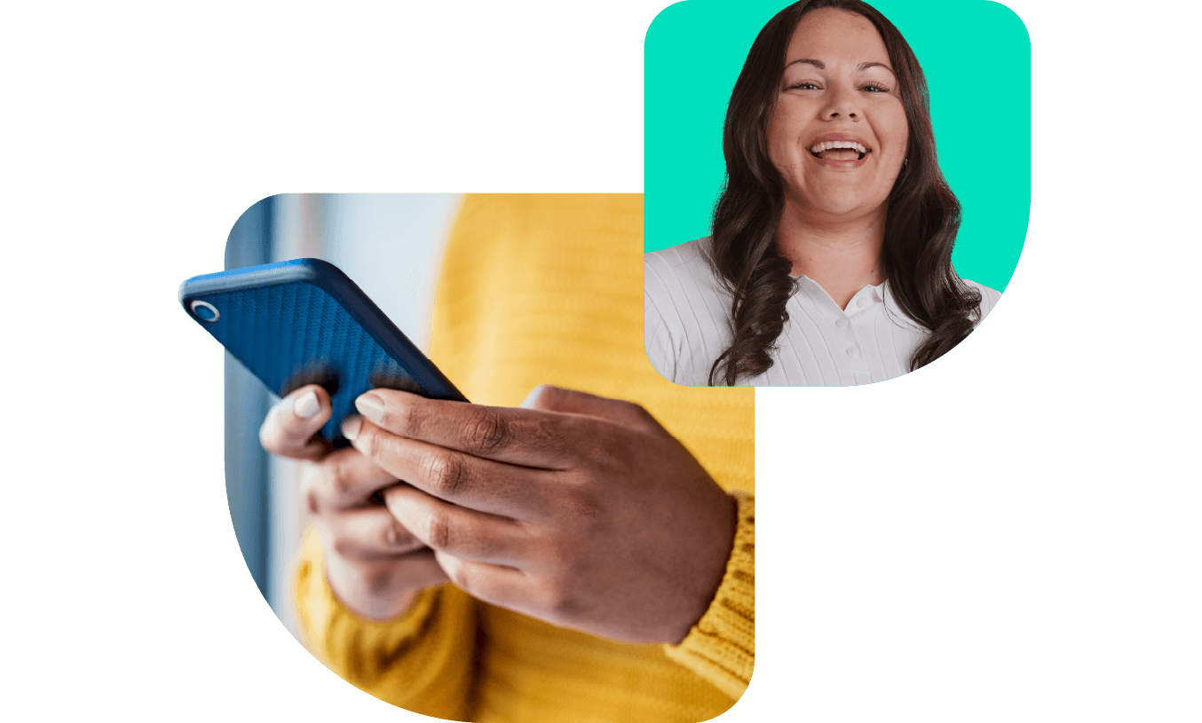 A person in a yellow sweater holds a smartphone, with an inset of a smiling person against a turquoise background.