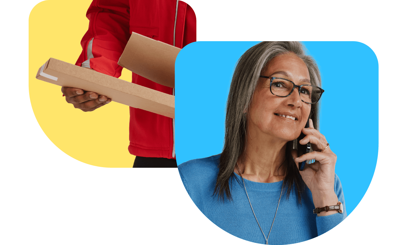 A person in red delivering a package on a yellow background and a smiling woman with glasses talking on a phone on a blue background.