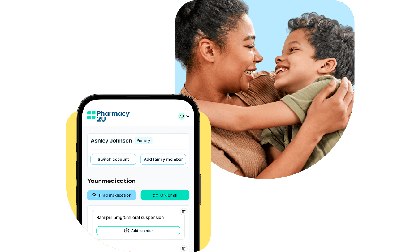 A smiling mother and child embrace next to a smartphone displaying a medication management app.
