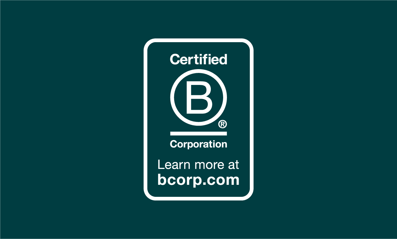 Certified B Corporation logo with text "Learn more at bcorp.com" on a dark teal background.
