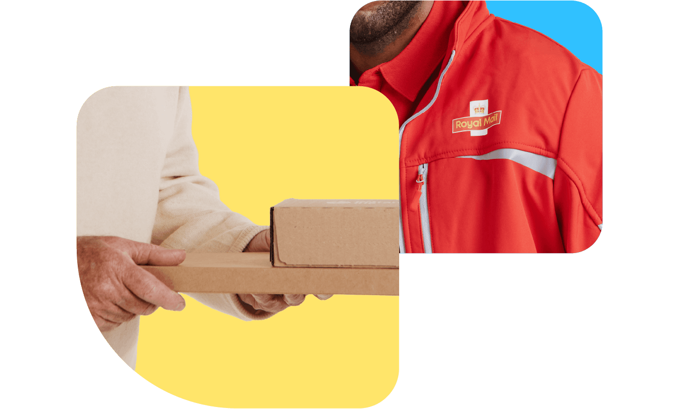 Hands exchanging a package. Person on left holds the package; person on right in a red uniform hints at a delivery service.