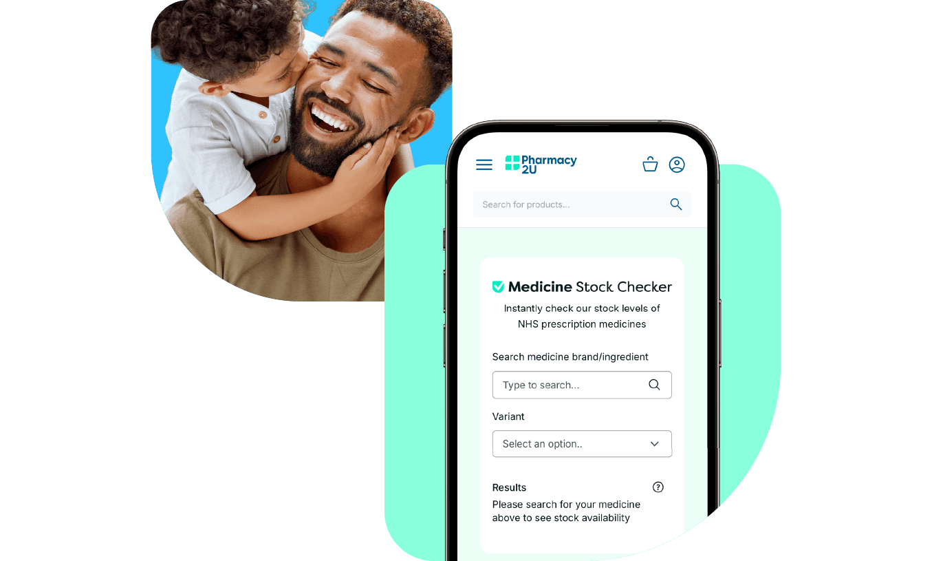Phone showing a medicine stock checker app, next to a playful image of a man with a child.