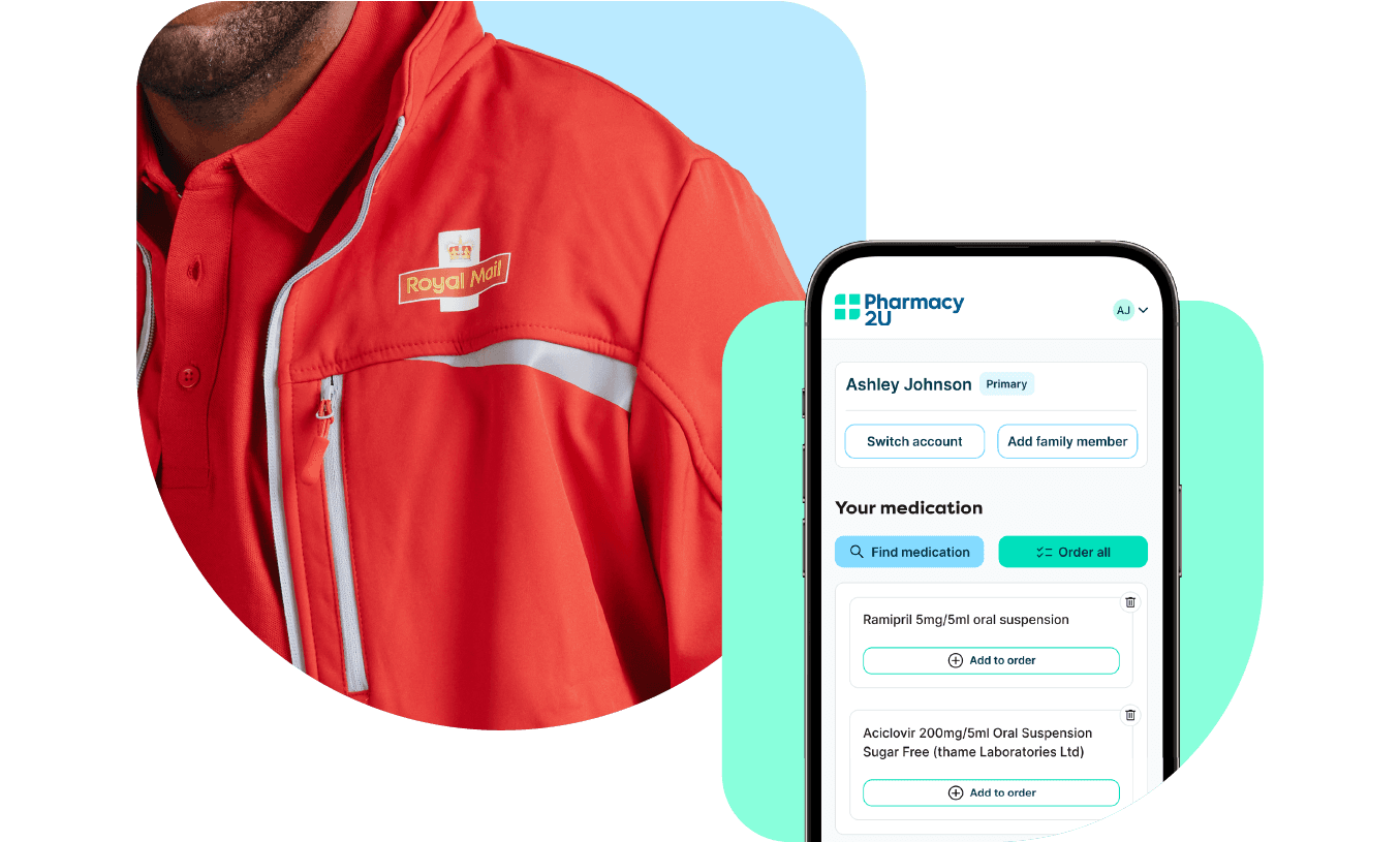 A person in a red Royal Mail jacket next to a smartphone displaying a Pharmacy2U medication order page.