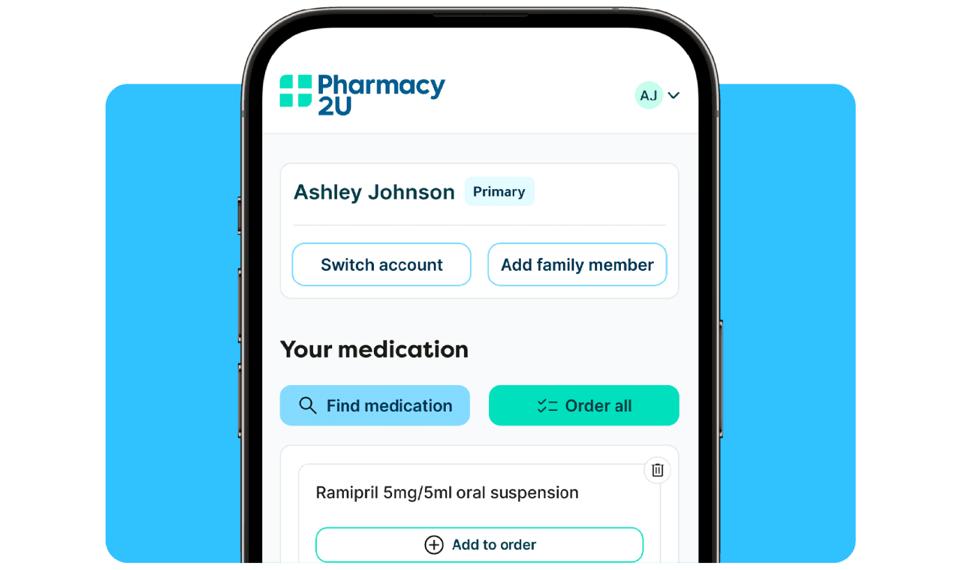 A smartphone screen displaying a pharmacy app with options to switch accounts, add family members, and order medication.
