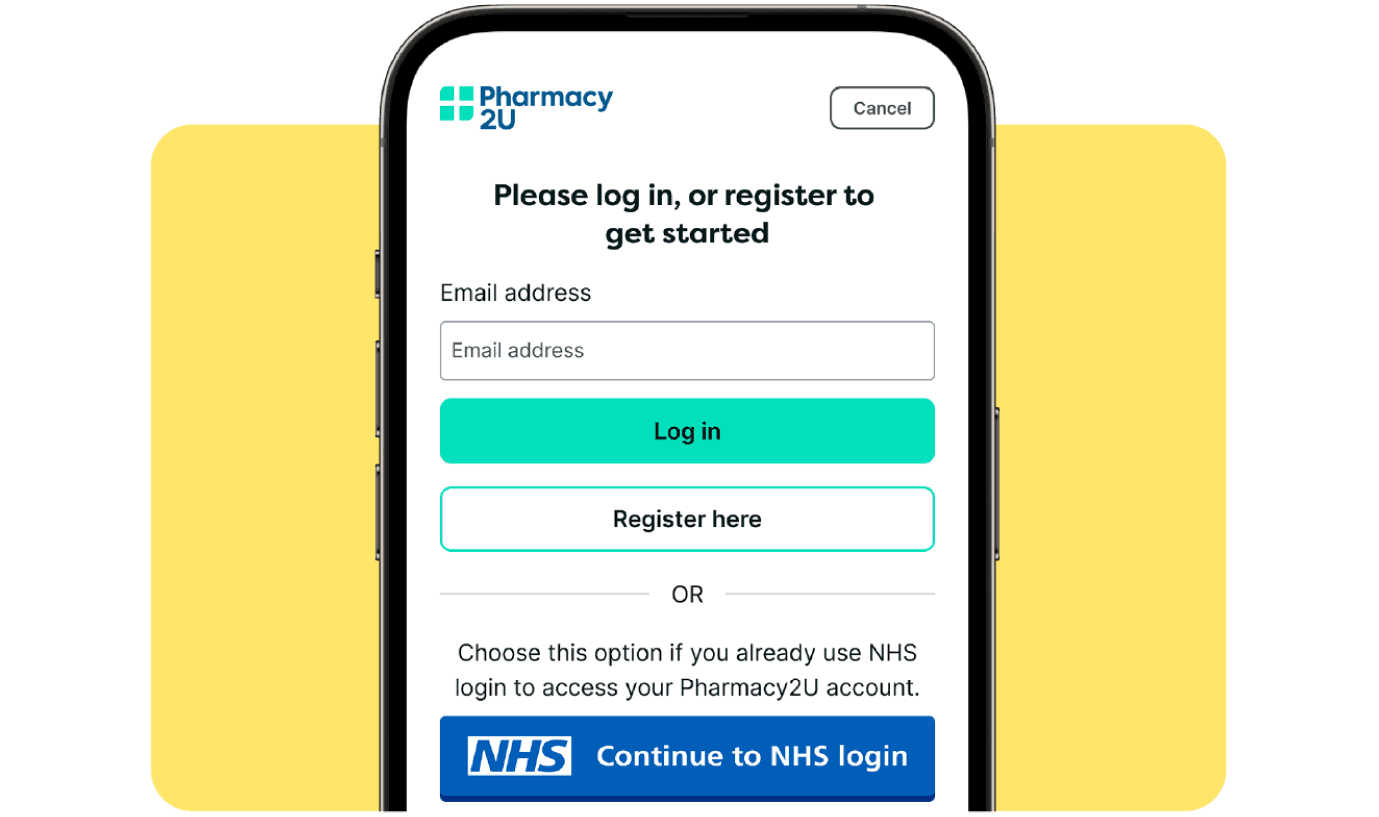 Mobile screen displaying a Pharmacy2U login page with options to log in, register, or continue using NHS login.