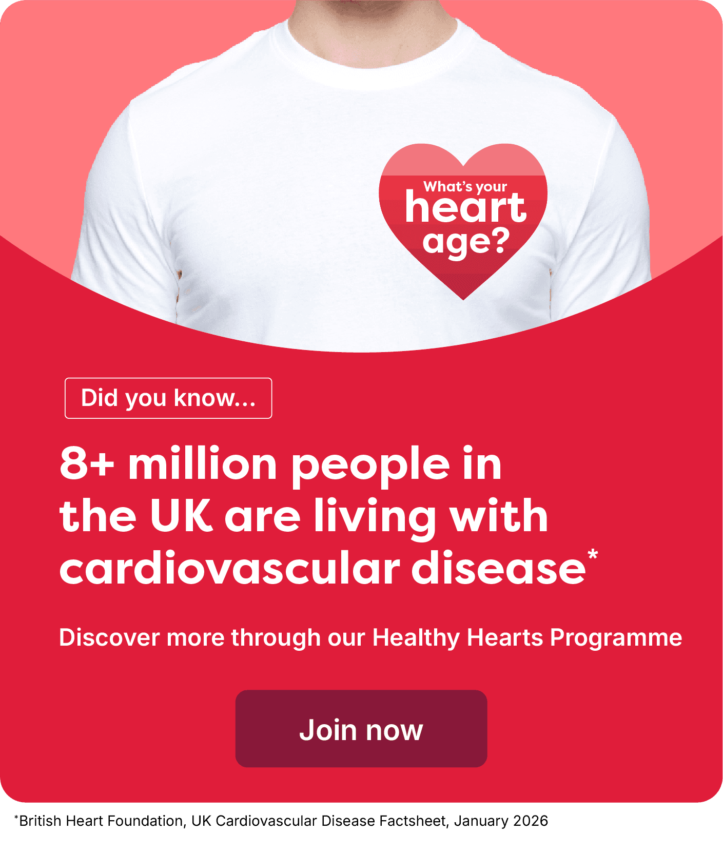 Banner about cardiovascular health in the UK, showing a person with a "heart age" shirt and phone app. Text mentions Healthy Hearts Programme.