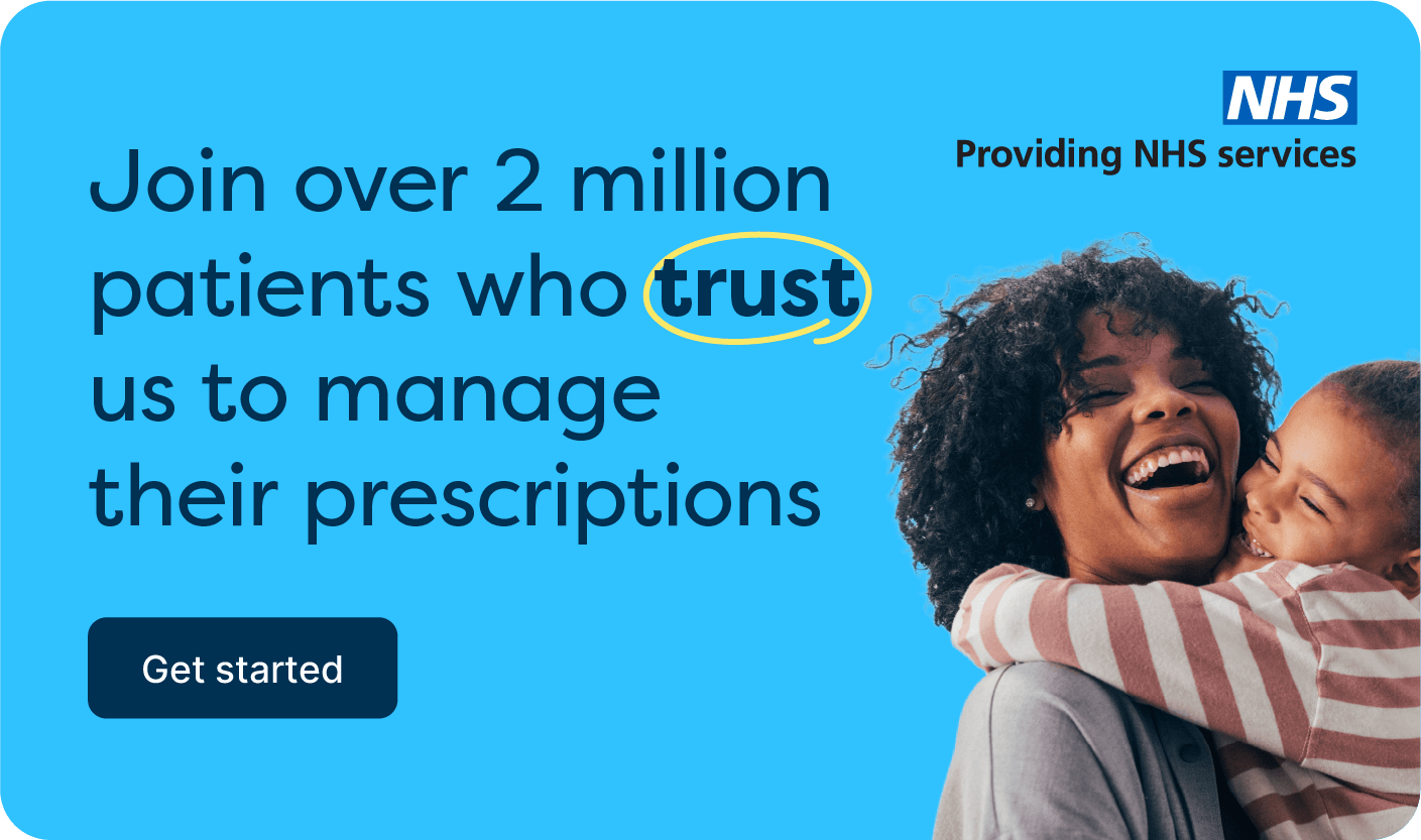 Banner with text highlighting NHS services, over 2 million patients managing prescriptions, and "Get started" button, featuring a doctor and a smiling family.