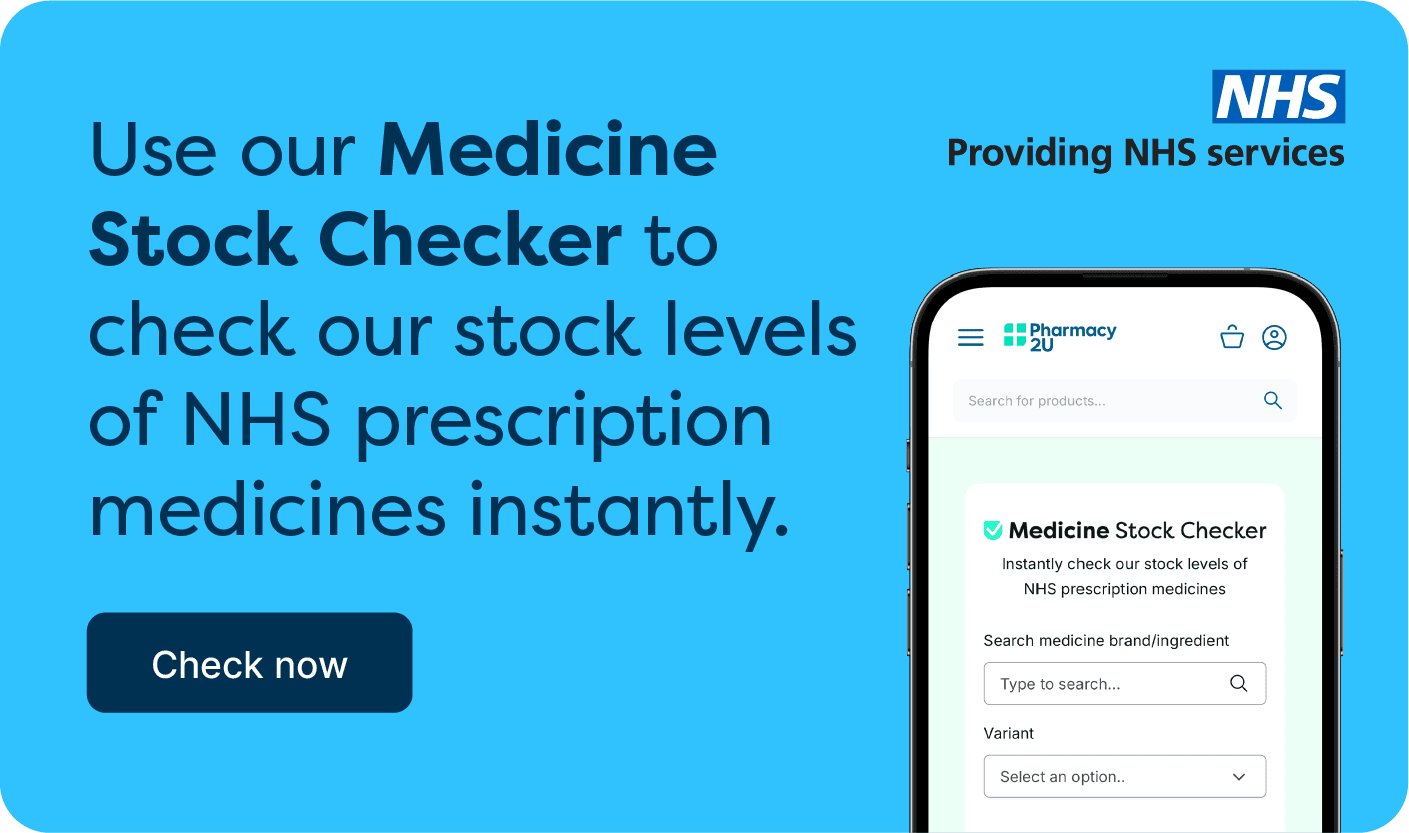 Banner promoting a Medicine Stock Checker for NHS prescription medicines. Shows a smartphone screen image and NHS services logo on a blue background.