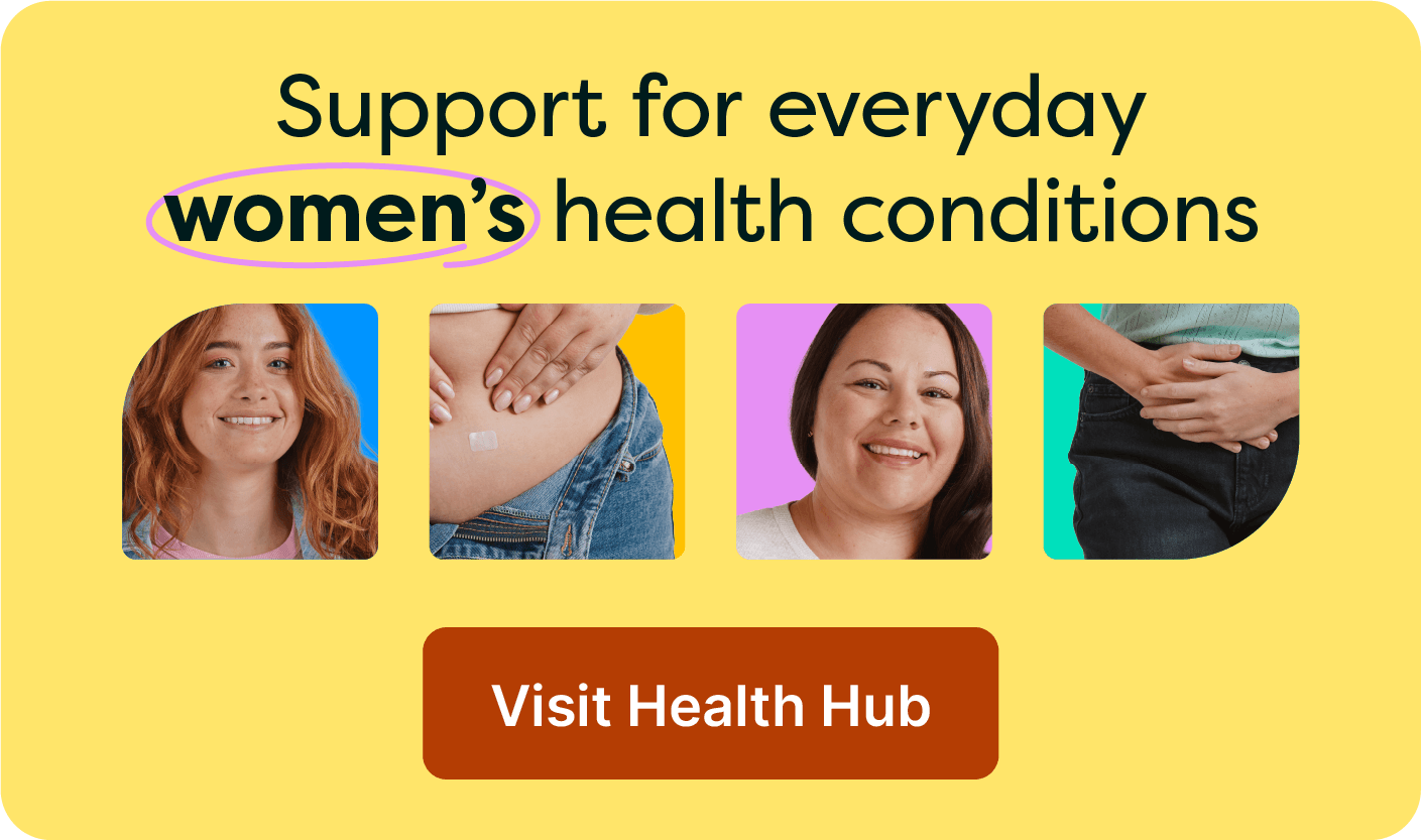 Banner promoting support for women's health conditions, features text and diverse portraits, with a Visit Health Hub button on a yellow background